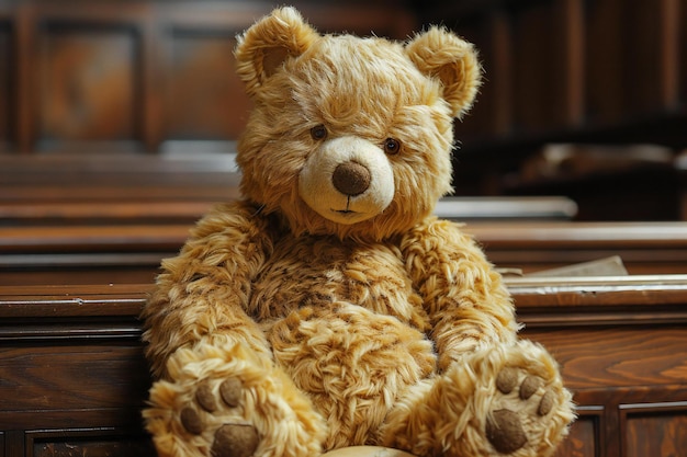 A teddy bear sitting on a bench in a courtroom high quality high resolution