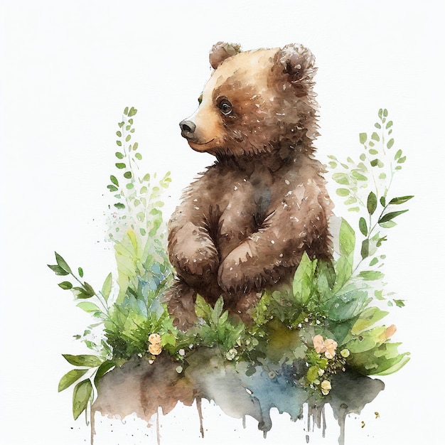 Teddy bear sitting drawing watercolor Generative AI