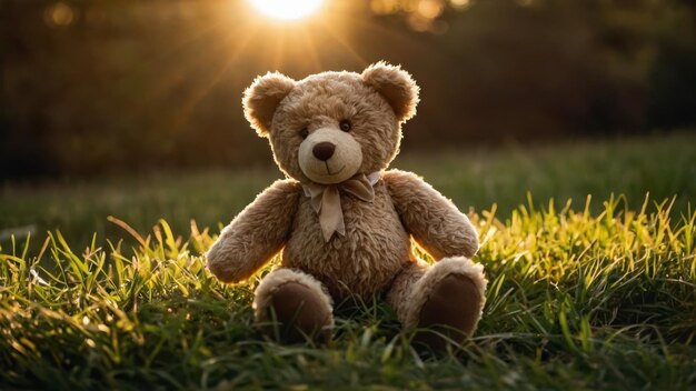 Teddy bear sitting in grass with warm sunset lighting