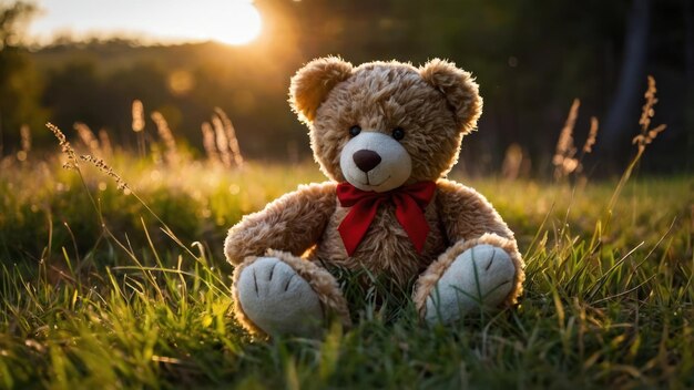 Teddy bear sitting in grass with warm sunset lighting