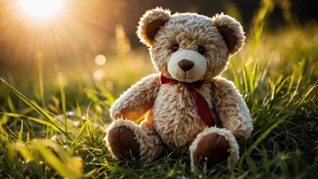 Teddy bear sitting in grass with warm sunset lighting