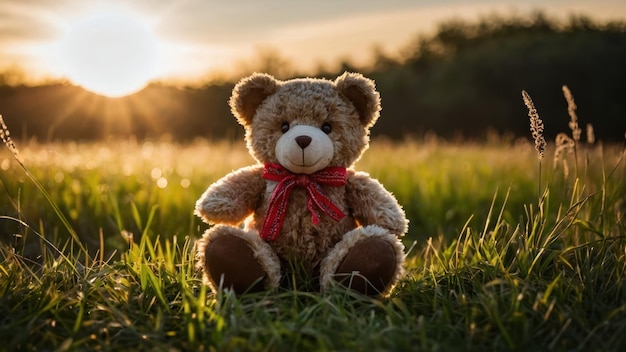 Teddy bear sitting in grass with warm sunset lighting