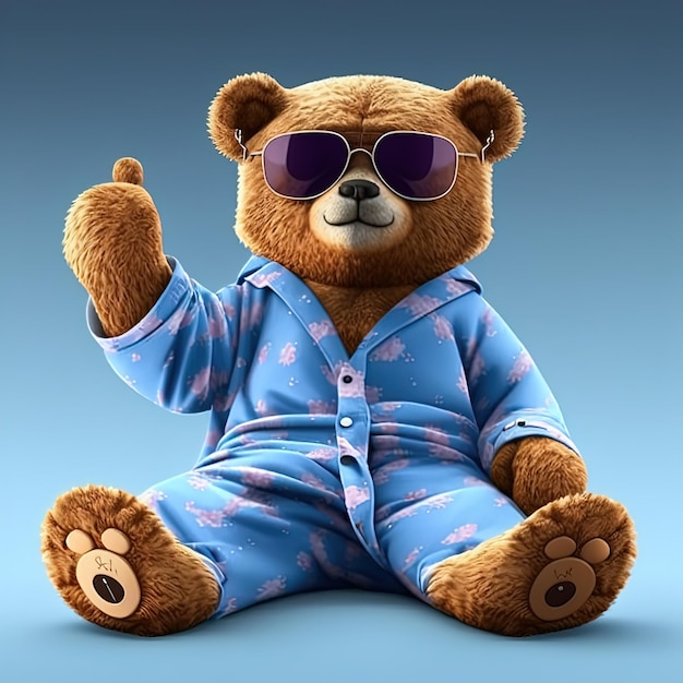 Teddy bear sitting in pajamas and sunglasses 3d rendering. raster illustration