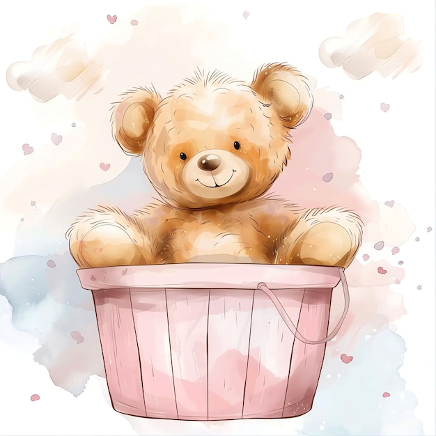 teddy bear sitting in a pink basket illustrataion cute nuresery watercolor