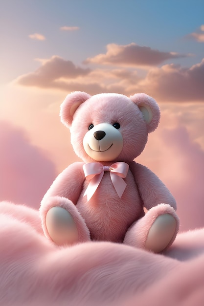 Teddy bear sitting on pink fluffy blanket with blue sky background