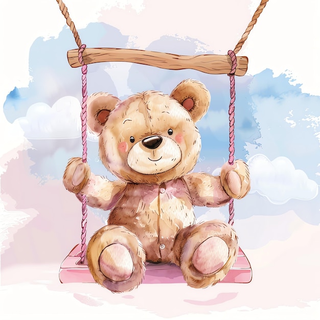 teddy bear sitting on a pink hanging swing illustrataion cute nuresery watercolor