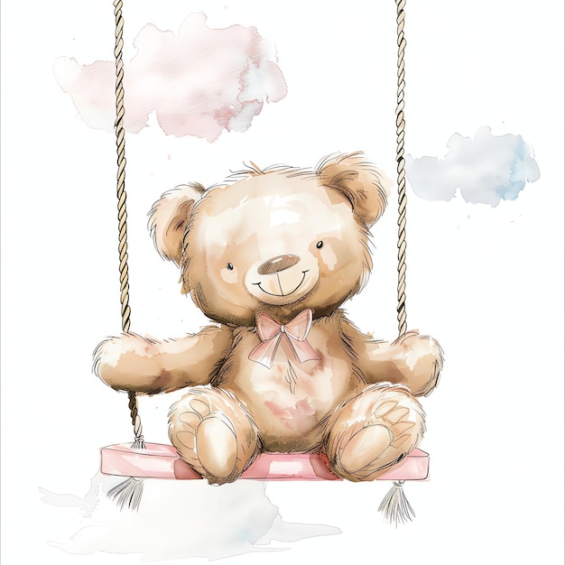 teddy bear sitting on a pink hanging swing illustrataion cute nuresery watercolor