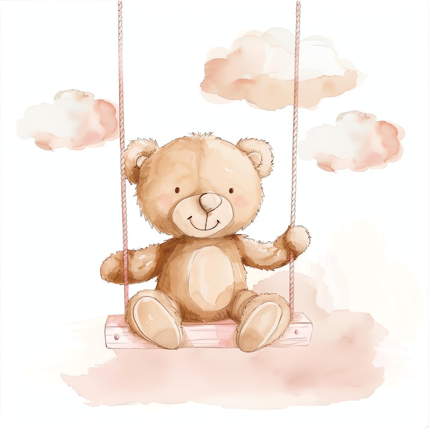 teddy bear sitting on a pink hanging swing illustrataion cute nuresery watercolor