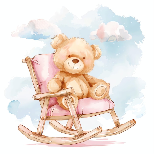 teddy bear sitting on a pink rocking chair illustrataion cute nuresery watercolor