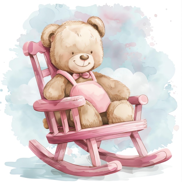 teddy bear sitting on a pink rocking chair illustrataion cute nuresery watercolor