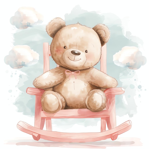 teddy bear sitting on a pink rocking chair illustrataion cute nuresery watercolor