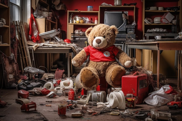 A teddy bear sitting on top of a pile of junk