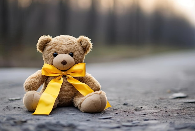 a teddy bear sitting next to a yellow ribbon in the style of purple and gray