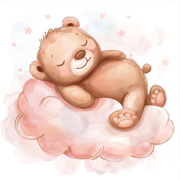 teddy bear sleeping on a light pink cloud illustrataion cute nuresery watercolor