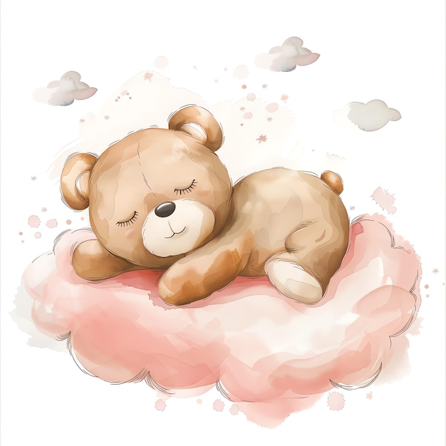 teddy bear sleeping on a light pink cloud illustrataion cute nuresery watercolor