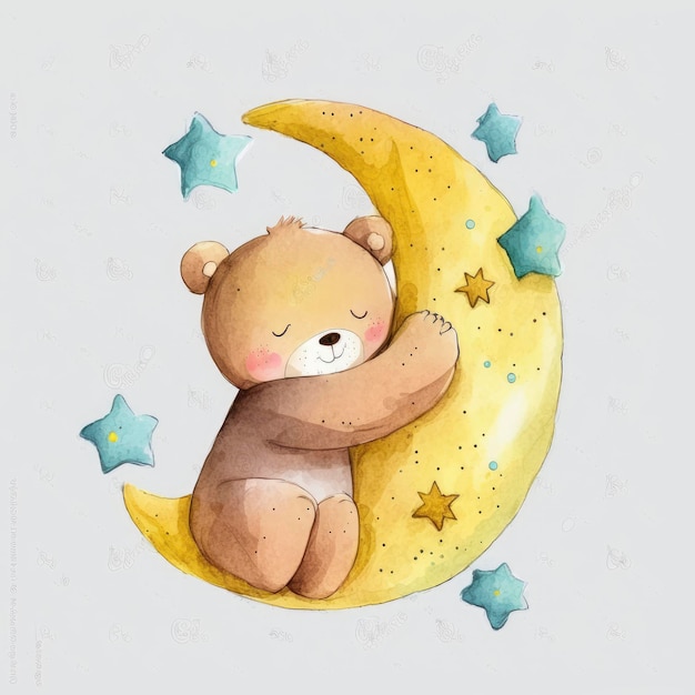 A teddy bear sleeping on the moon with stars on the wall