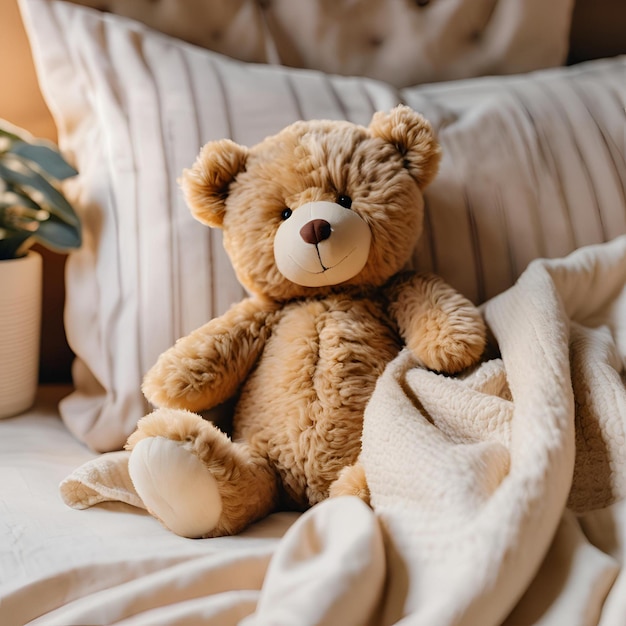 Photo teddy bear snuggled in soft blanket on a cozy bed warm and happy plush toy in a childs bedroom