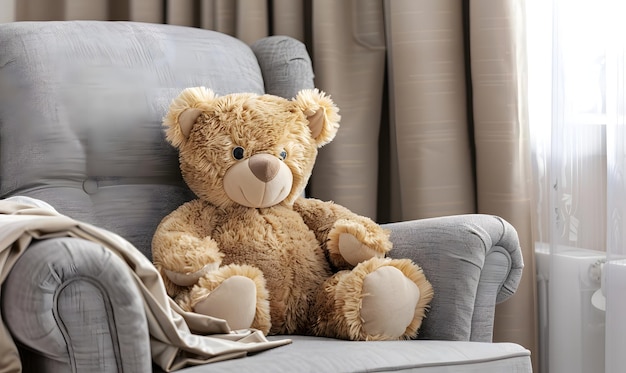 Teddy bear on a soft gray sofa