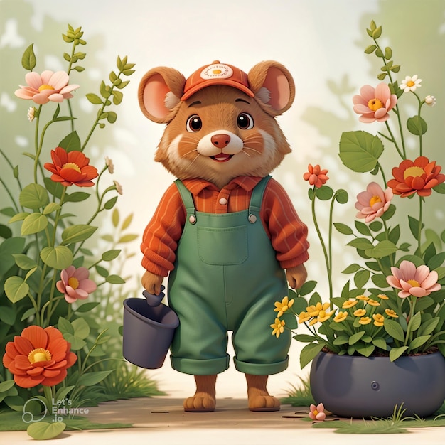 a teddy bear standing in the garden with holding basket and flowers