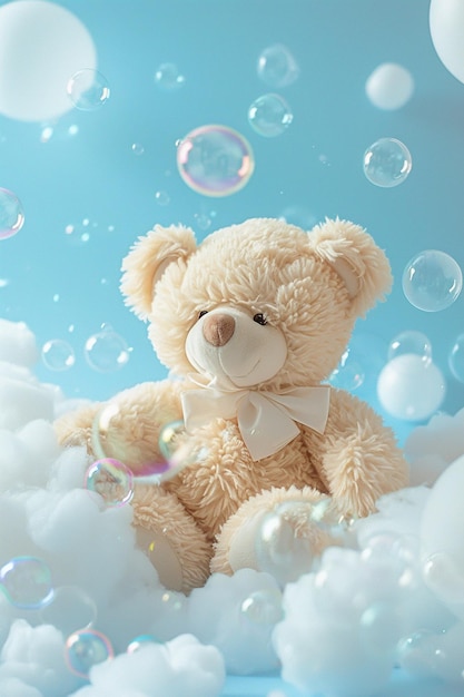 Teddy Bear Surrounded By Bubbles On Blue Background