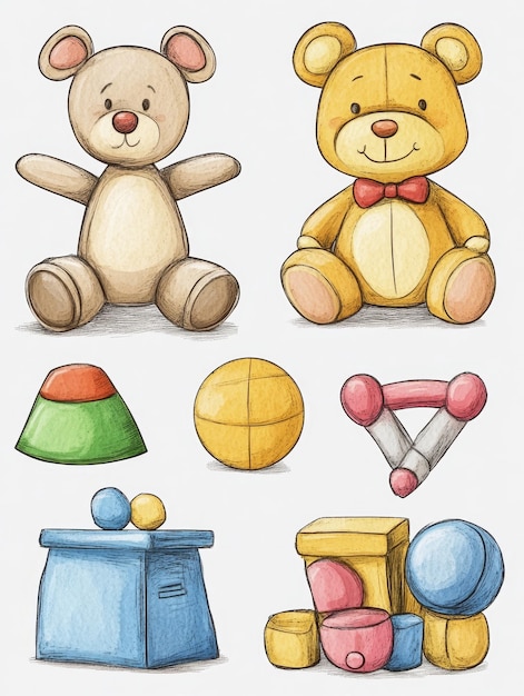 Teddy Bear and Toys Watercolor Illustration