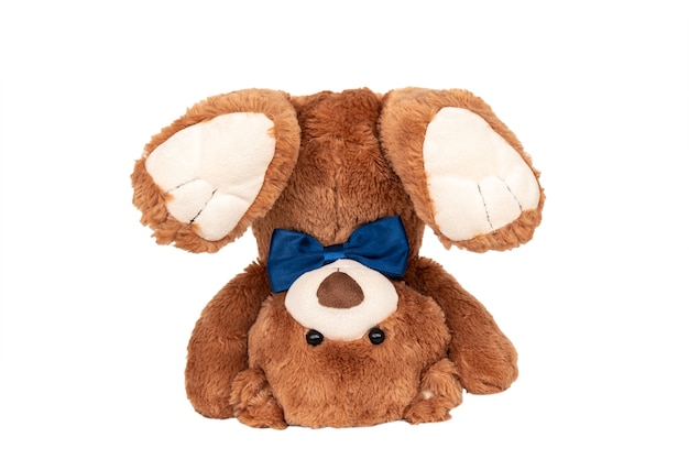 Teddy bear turned upside down with blue bow