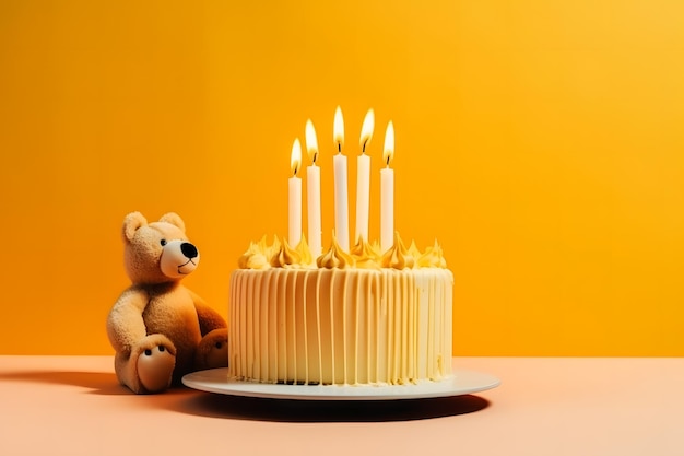 Teddy bear wearing birthday hat and a birthday cake Neural network AI generated