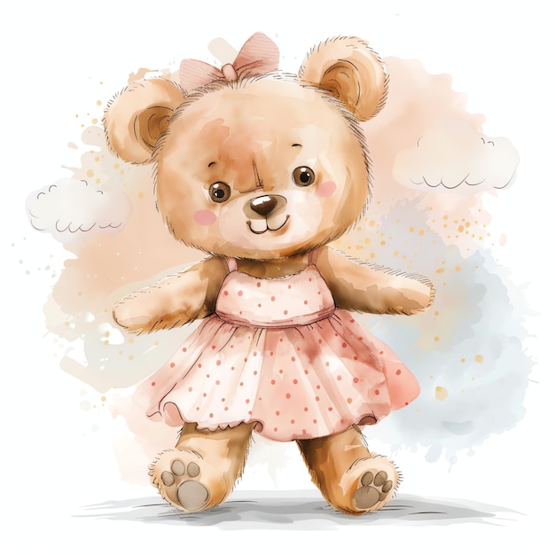 teddy bear wearing cute pink dress illustrataion cute nuresery watercolor