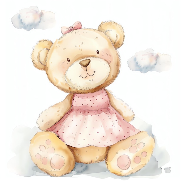 teddy bear wearing cute pink dress illustrataion cute nuresery watercolor