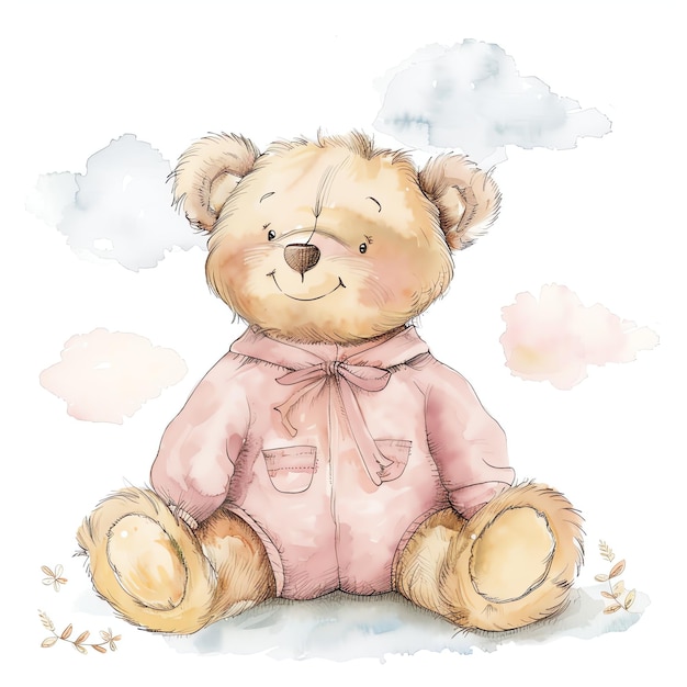 teddy bear wearing cute pink outfit illustrataion cute nuresery watercolor