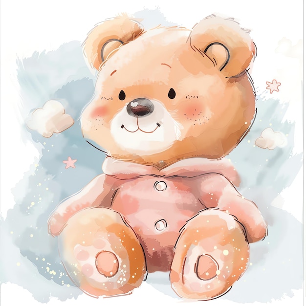 teddy bear wearing cute pink outfit illustrataion cute nuresery watercolor