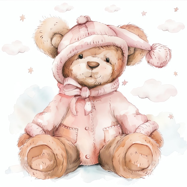 teddy bear wearing cute pink outfit illustrataion cute nuresery watercolor