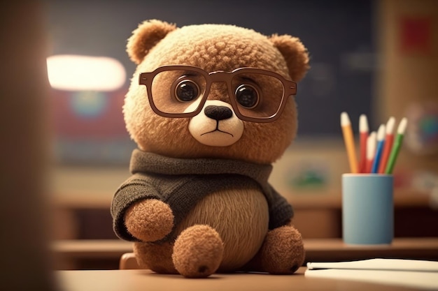 A teddy bear wearing glasses sits on a desk in front of a cup of pencils.