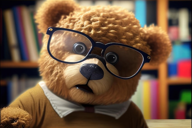 A teddy bear wearing glasses and a sweater and a sweater with the word teddy on it.