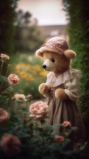 A teddy bear wearing a hat and a pink dress stands in a garden with roses.