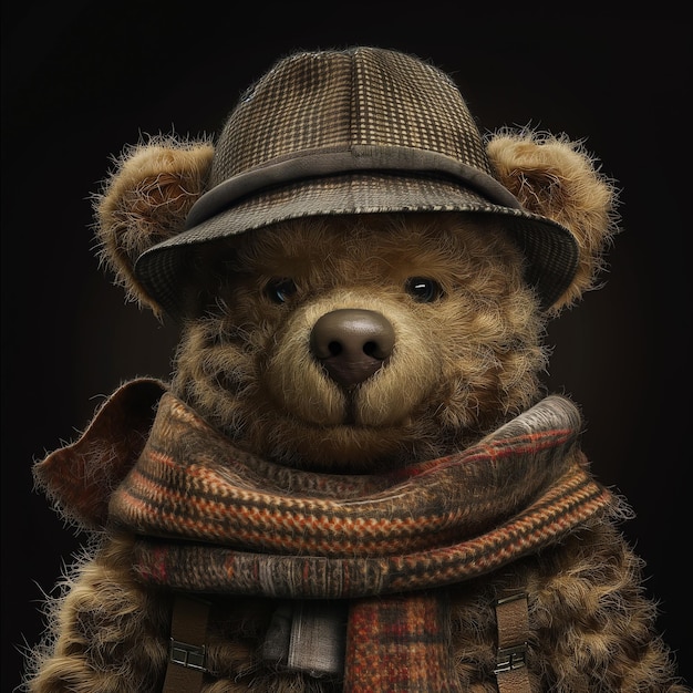 a teddy bear wearing a hat and scarf with a scarf around its neck