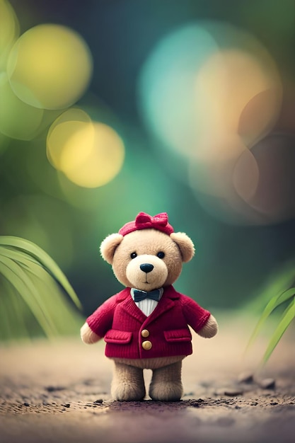 A teddy bear wearing a jacket and a bow on the front.