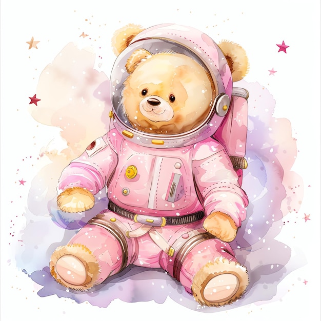 teddy bear wearing pink astronaut costume illustrataion cute nuresery watercolor