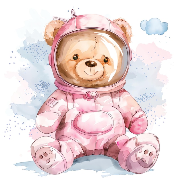 teddy bear wearing pink astronaut costume illustrataion cute nuresery watercolor