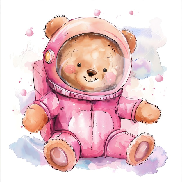 teddy bear wearing pink astronaut costume illustrataion cute nuresery watercolor