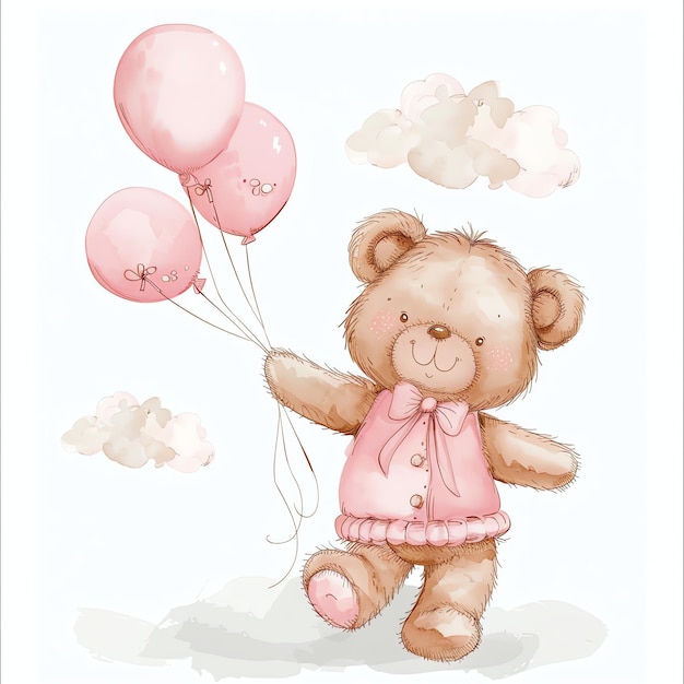 teddy bear wearing a pink outfit holding pink balloons illustrataion cute nuresery