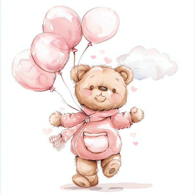 teddy bear wearing a pink outfit holding pink balloons illustrataion cute nuresery