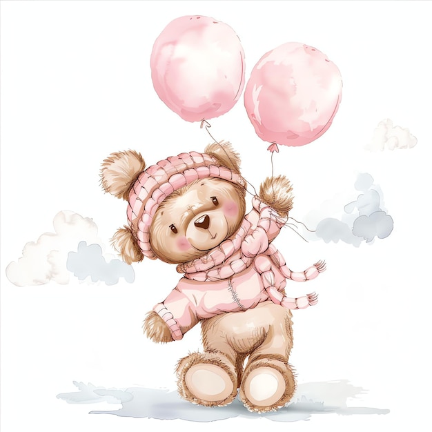 teddy bear wearing a pink outfit holding pink balloons illustrataion cute nuresery