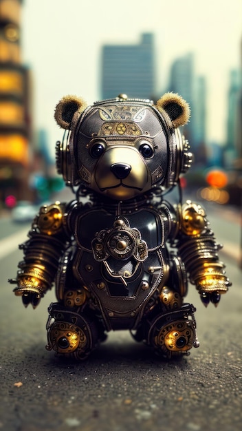 A teddy bear wearing a robot suit made by robot