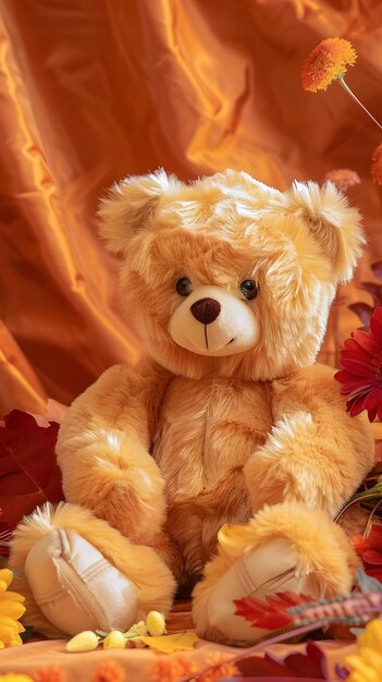 Teddy bear with autumn flowers background vintage color tone