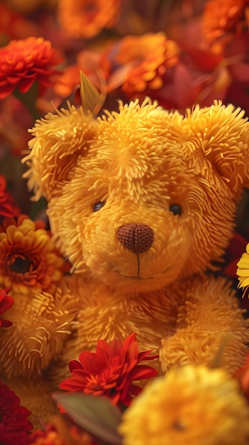 Teddy bear with autumn flowers background vintage color tone