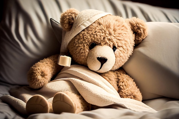 A teddy bear with a bandage on his head is laying in a bed.