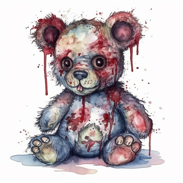 A teddy bear with blood dripping down it