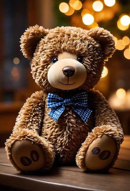 Photo a teddy bear with a blue bow tie on it sits on a table