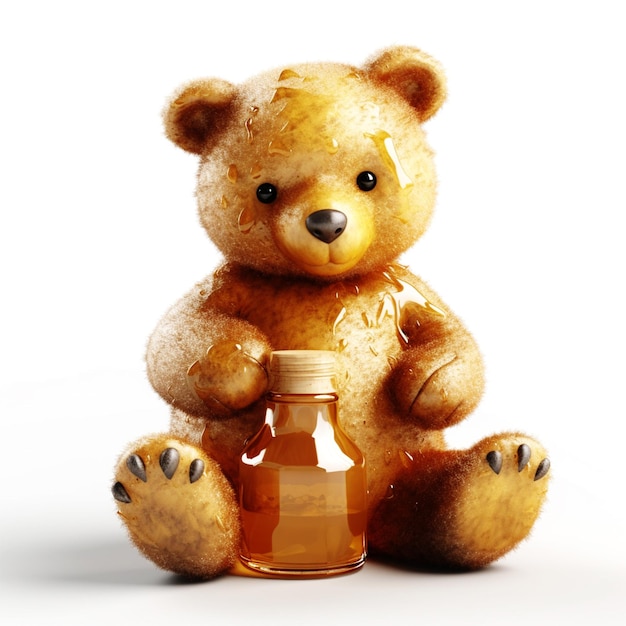 A teddy bear with a bottle of honey sitting next to it